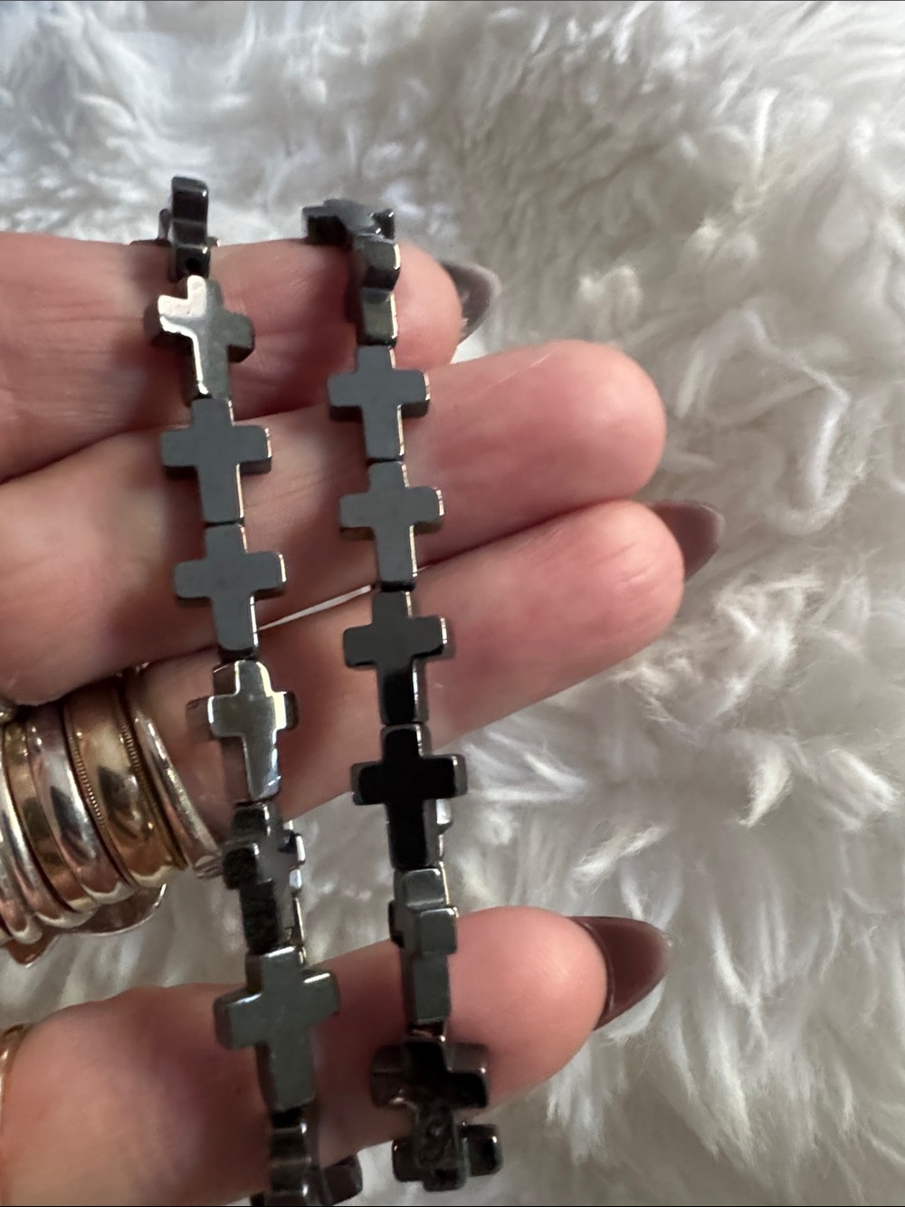 Hematite Cross Bead Bracelet - Gunmetal
